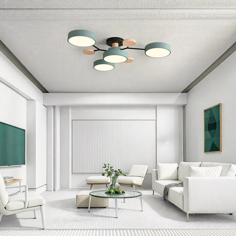 Round semi-flush LED ceiling light with branching frame and wood-effect accents