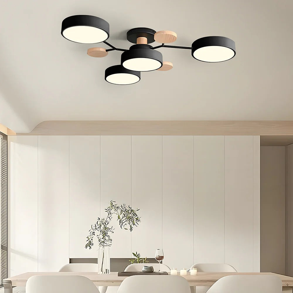 Round LED semi-flush ceiling chandelier with circular shades and decorative wood-effect accents