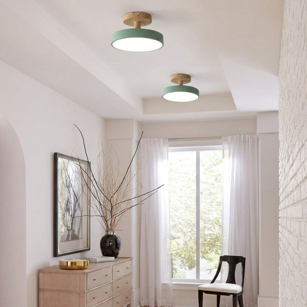 Set of two Nordic semi flush LED ceiling lights with round shades