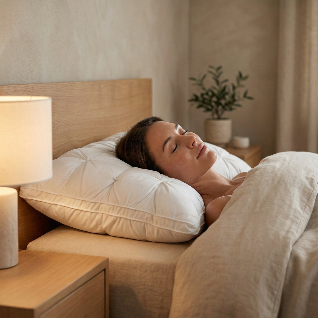 Tufted rectangular bed pillows with piped edges stacked on a bed