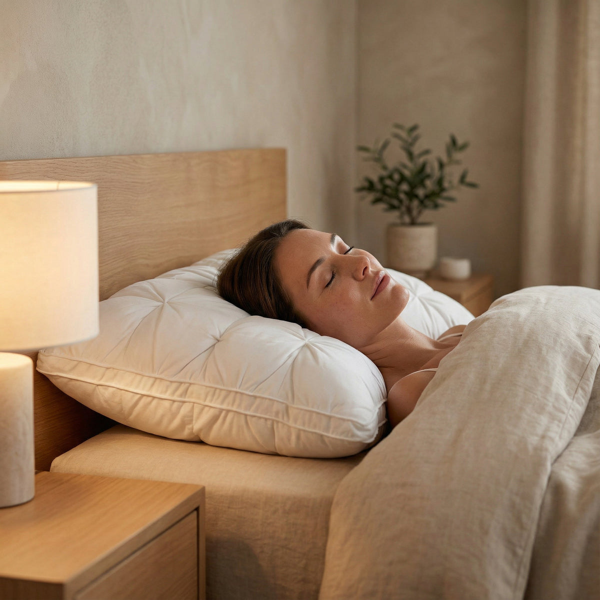 Tufted rectangular bed pillows with piped edges stacked on a bed