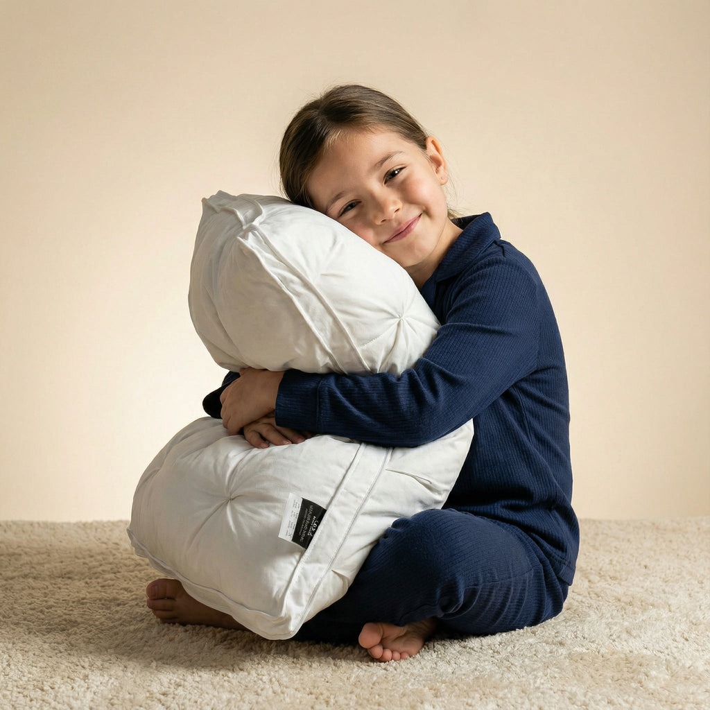 Tufted rectangular bed pillows with piped edges stacked on a bed