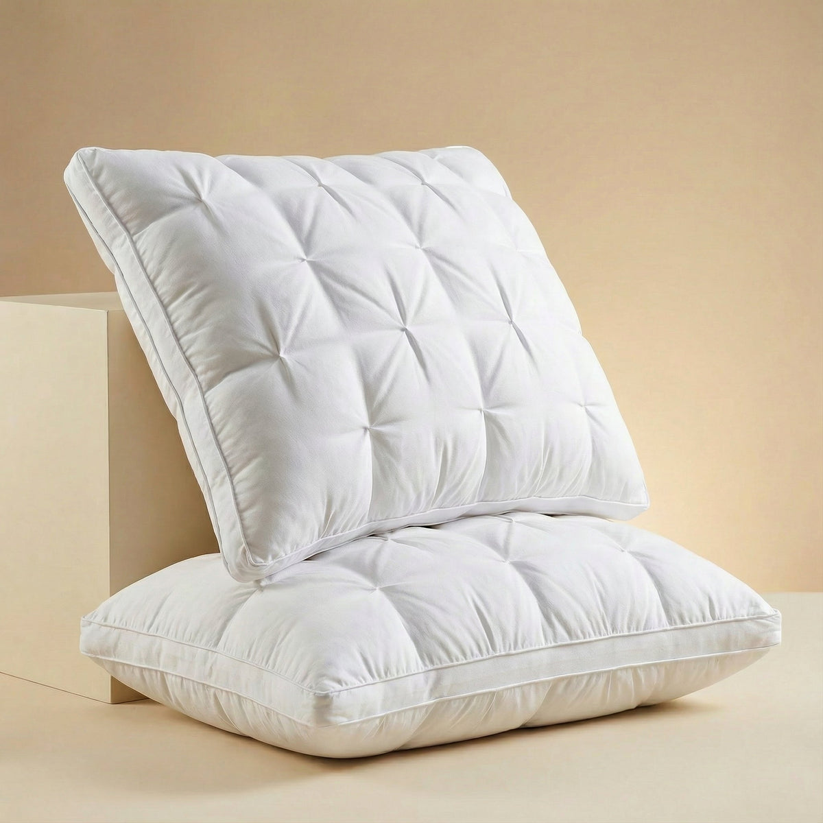 Tufted rectangular bed pillows with piped edges stacked on a bed