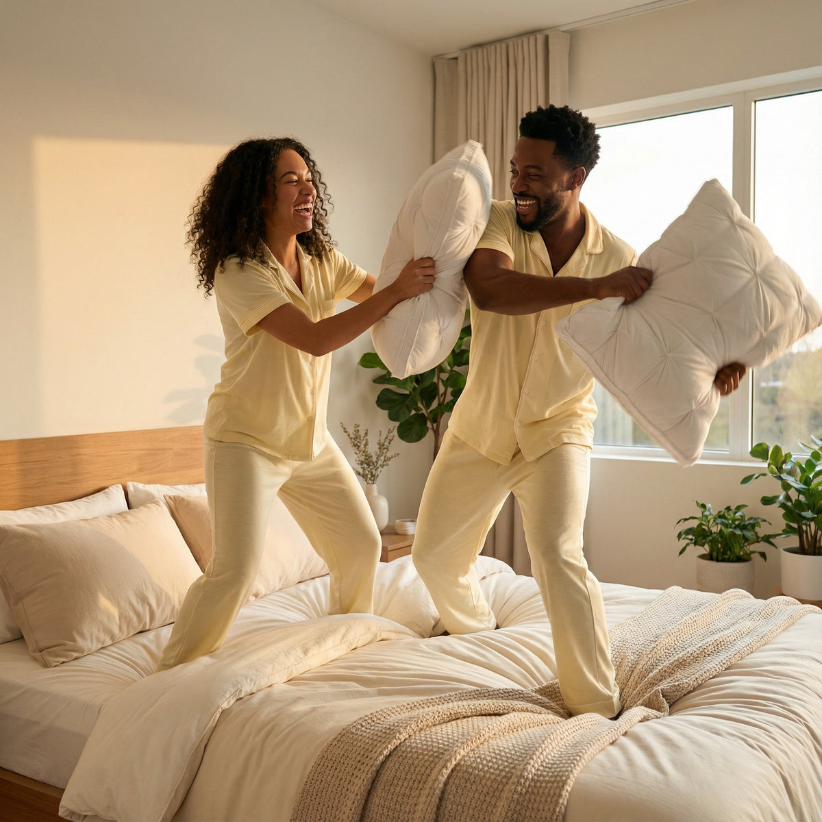 Tufted rectangular bed pillows with piped edges stacked on a bed