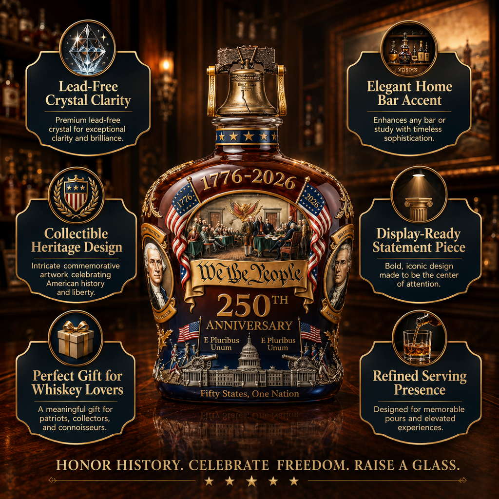 Decorated brown whiskey decanter with patriotic 250th anniversary design and stopper
