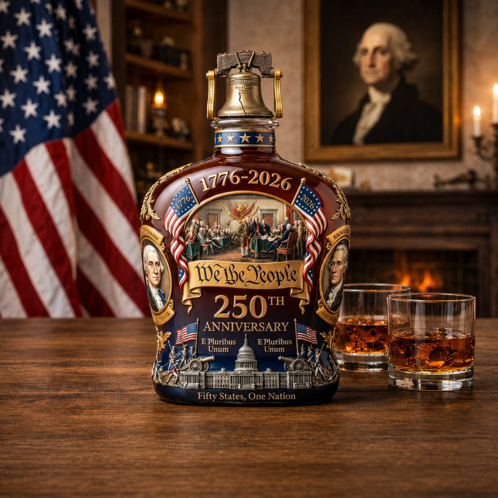 Decorated brown whiskey decanter with patriotic 250th anniversary design and stopper