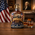 Decorated brown whiskey decanter with patriotic 250th anniversary design and stopper