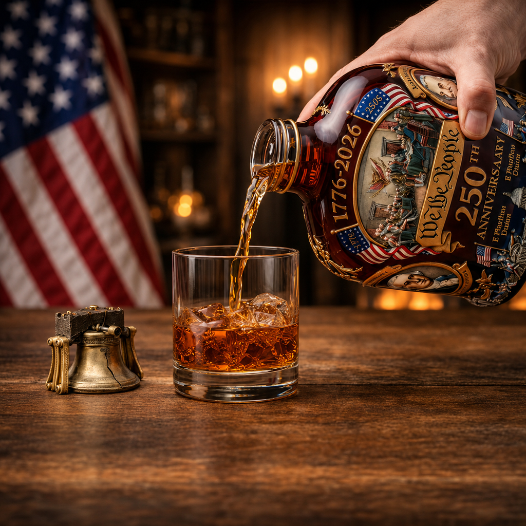 Decorated brown whiskey decanter with patriotic 250th anniversary design and stopper