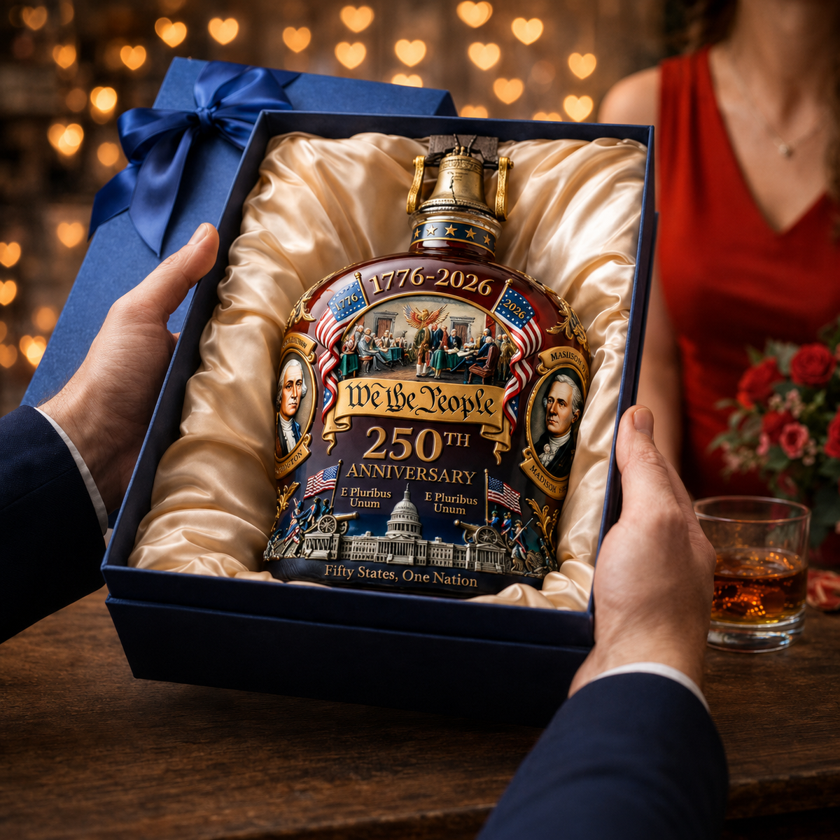 Decorated brown whiskey decanter with patriotic 250th anniversary design and stopper