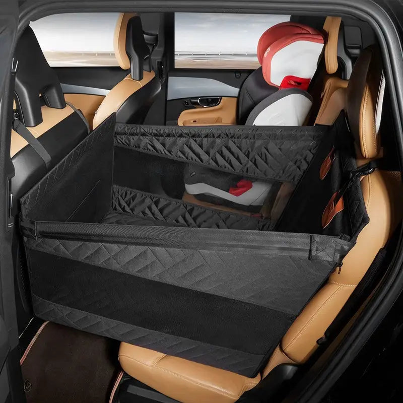 Structured dog car seat cover with hard base, quilted panels and mesh sections