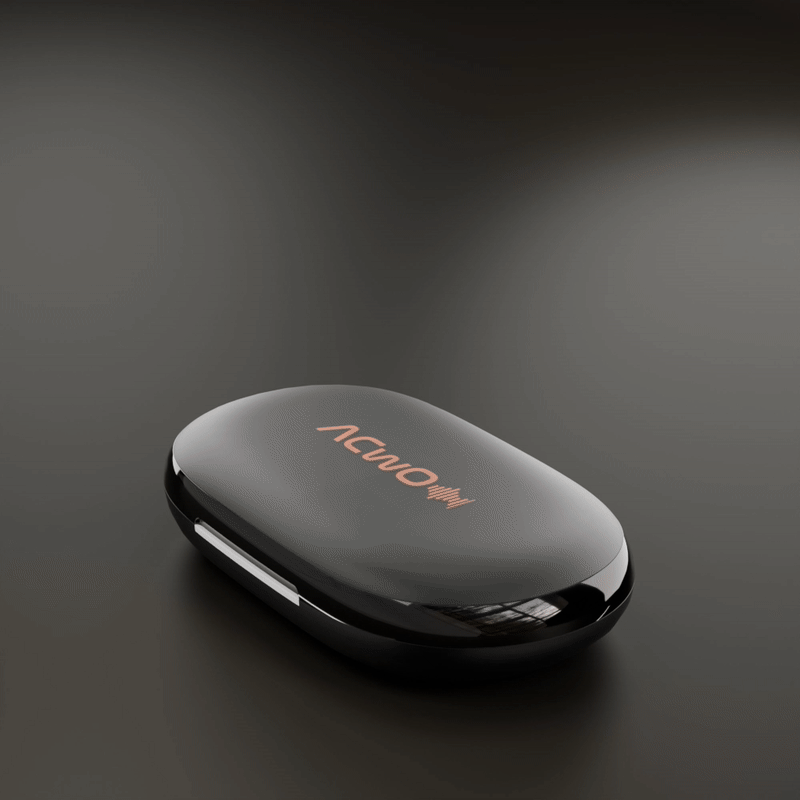 Open-ear true wireless earbuds with looped ear sections and matching charging case
