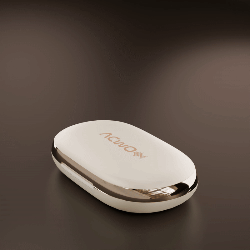 Open-ear true wireless earbuds with looped ear sections and matching charging case