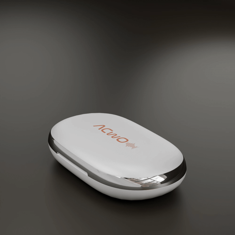 Open-ear true wireless earbuds with looped ear sections and matching charging case