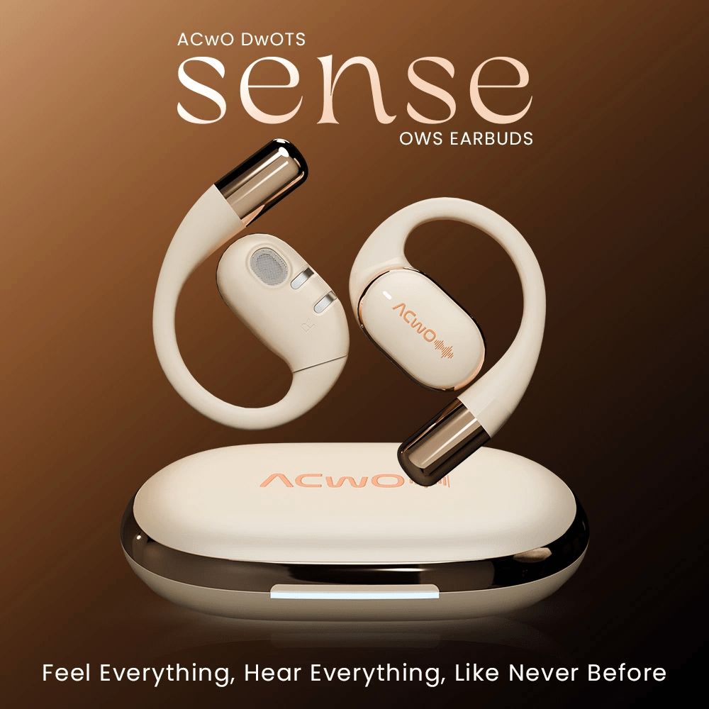 Open-ear true wireless earbuds with looped ear sections and matching charging case