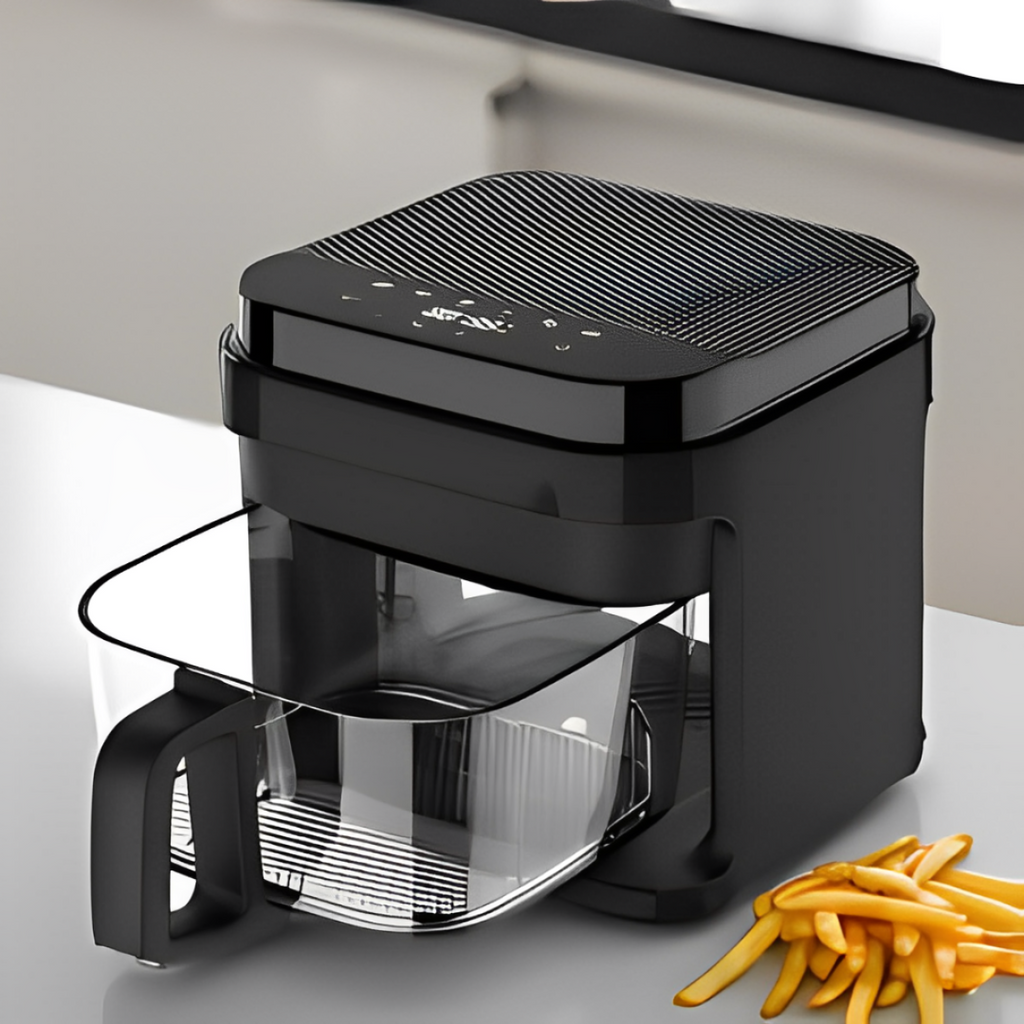 Black air fryer with clear glass basket and digital touch controls