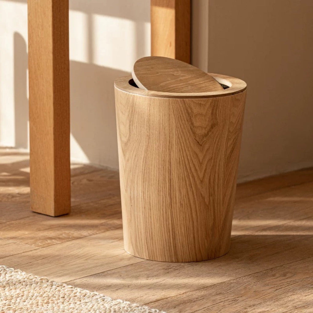 Brown wood-effect waste bin with oval rotating lid