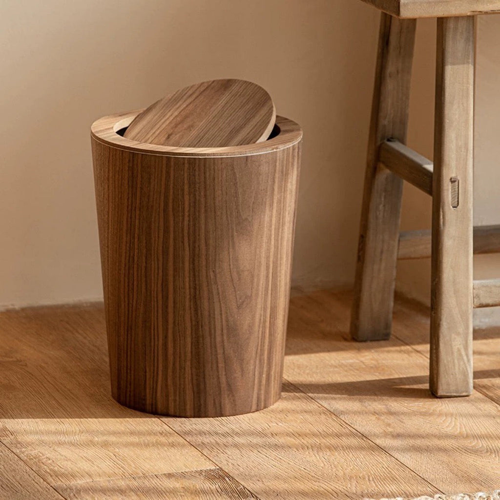 Brown wood-effect waste bin with oval rotating lid