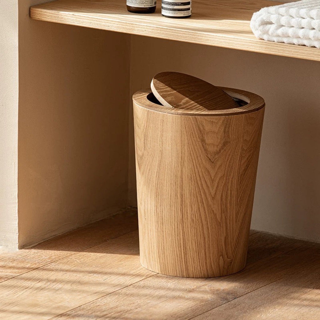 Brown wood-effect waste bin with oval rotating lid