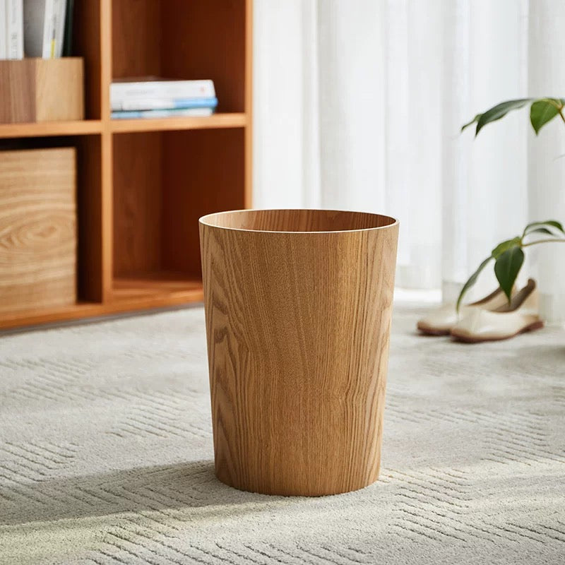 Brown wood-effect waste bin with oval rotating lid