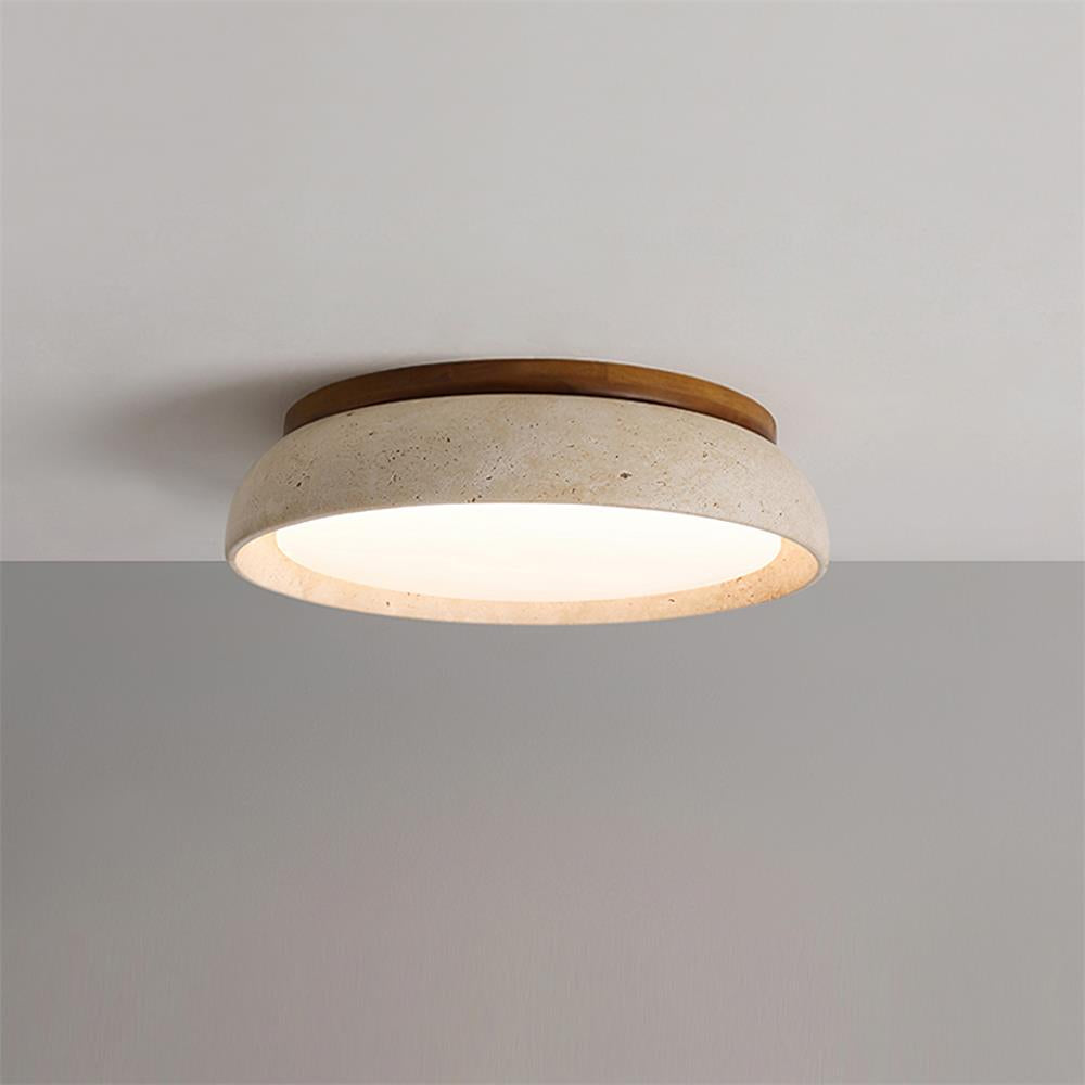Round flush mount ceiling light with travertine finish and wood-effect trim