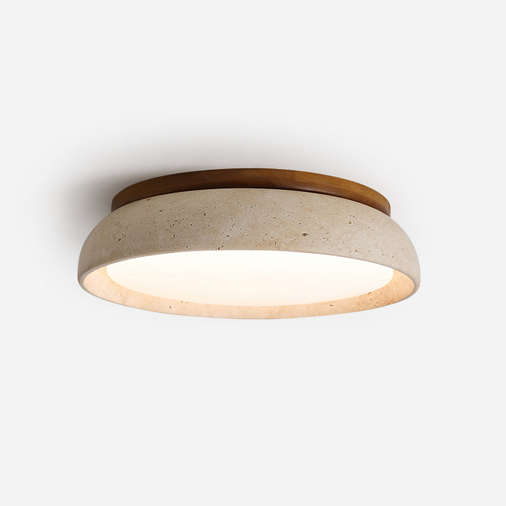 Round flush mount ceiling light with travertine finish and wood-effect trim