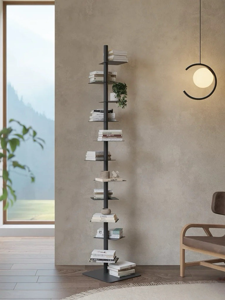 Vertical steel floating ledge stand with staggered shelves for books and plants