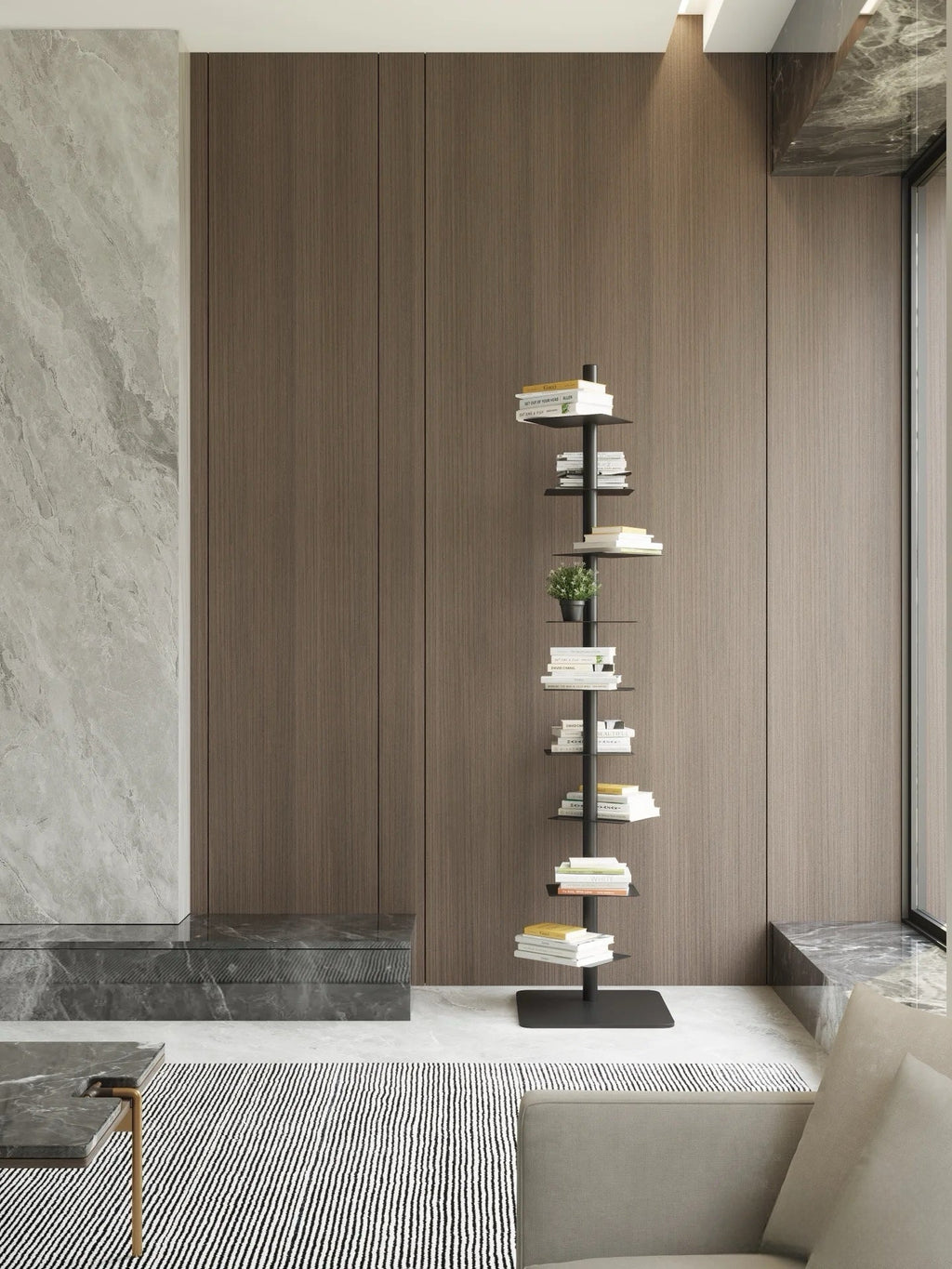 Vertical steel floating ledge stand with staggered shelves for books and plants