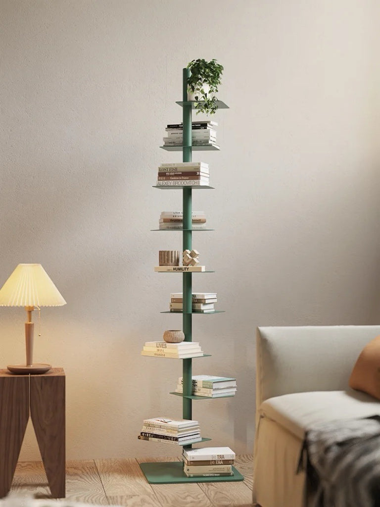 Vertical steel floating ledge stand with staggered shelves for books and plants
