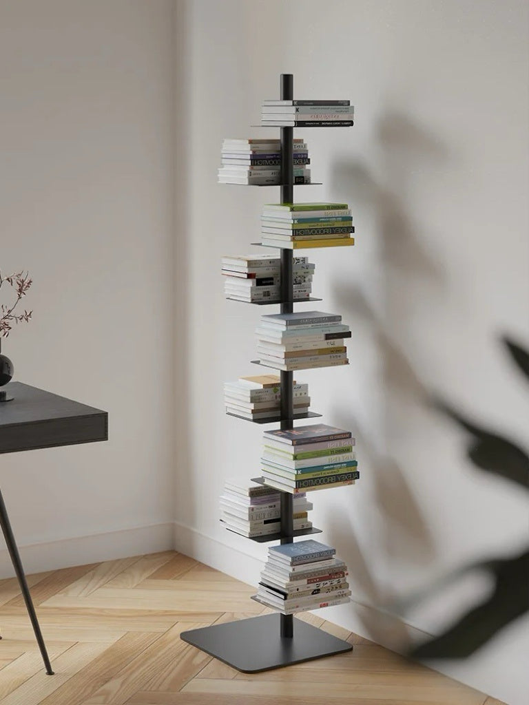Vertical steel floating ledge stand with staggered shelves for books and plants