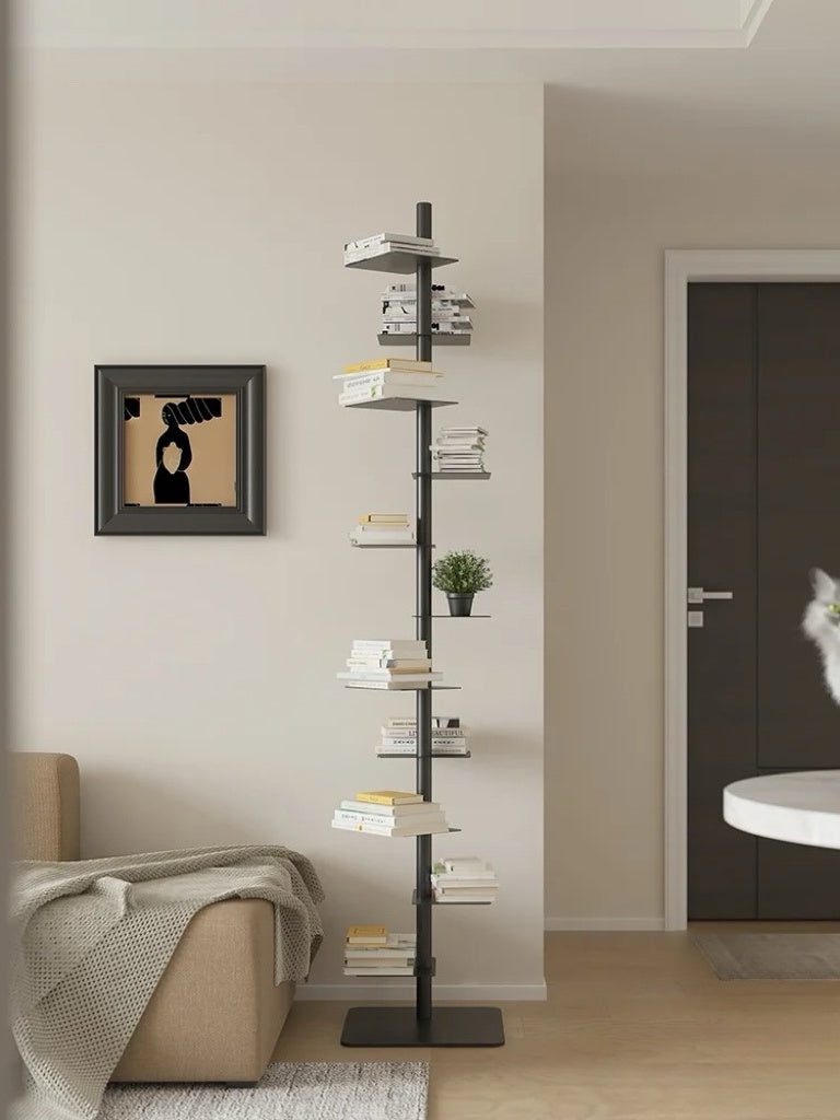Vertical steel floating ledge stand with staggered shelves for books and plants
