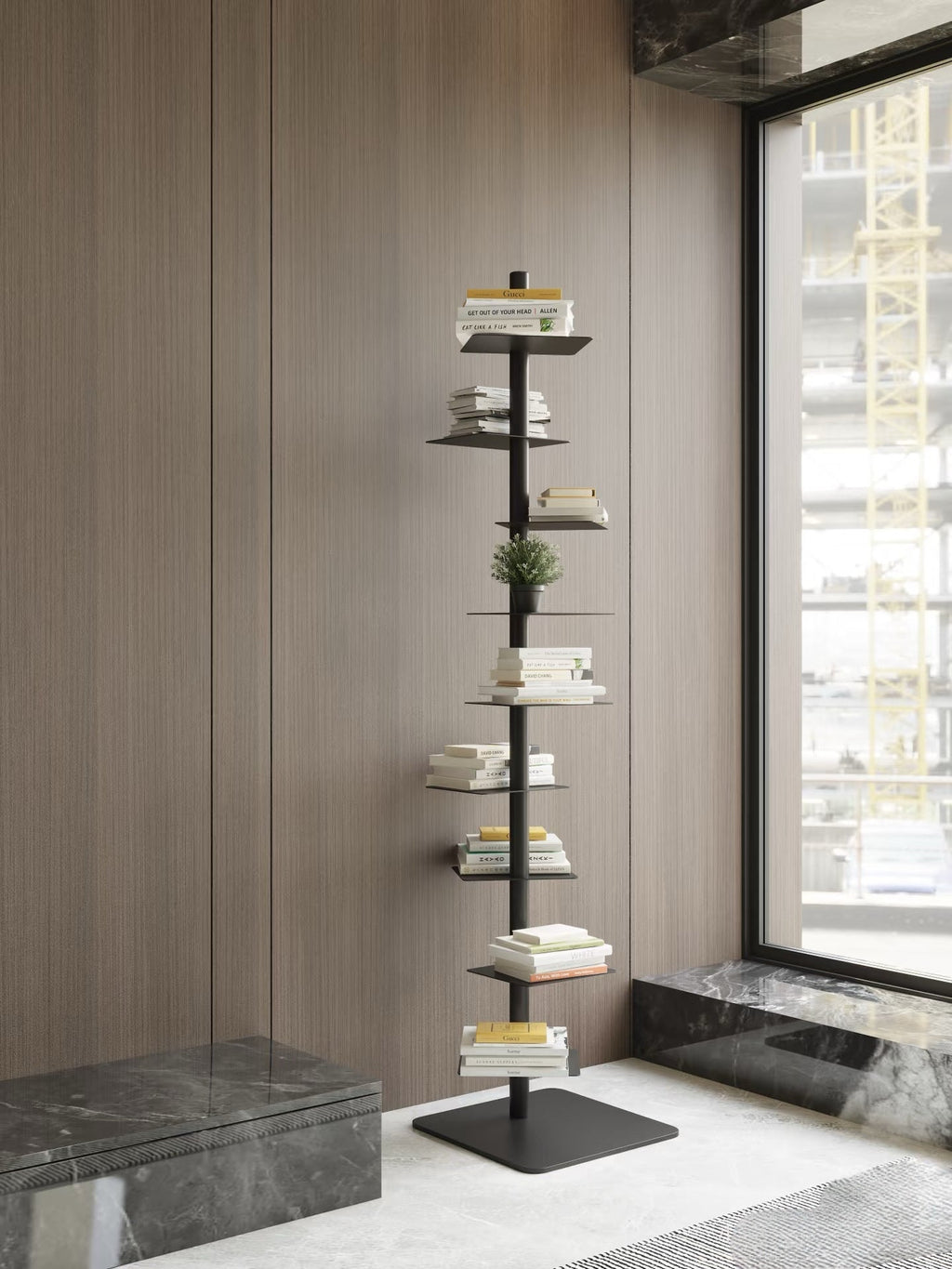 Vertical steel floating ledge stand with staggered shelves for books and plants