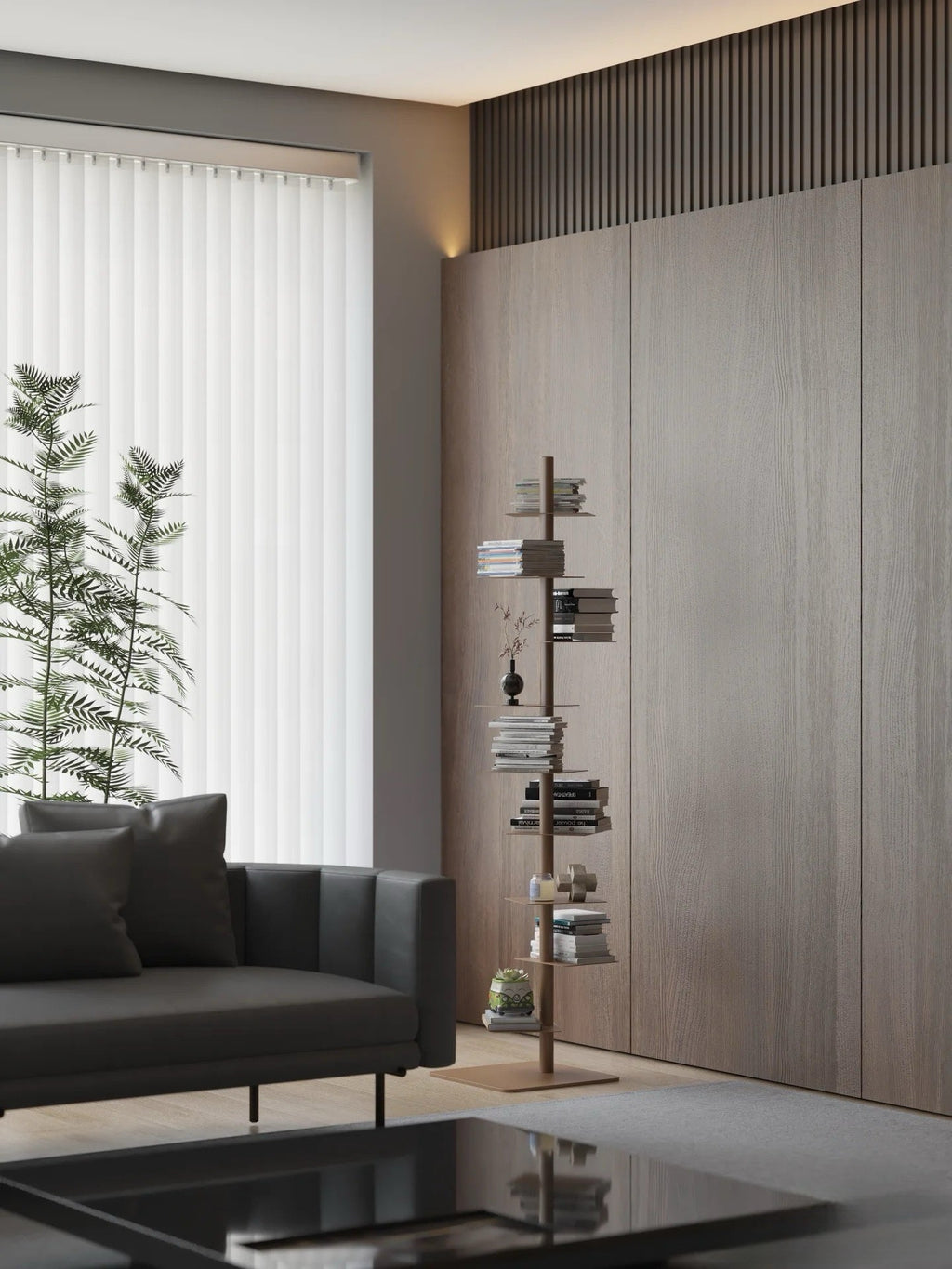 Vertical steel floating ledge stand with staggered shelves for books and plants