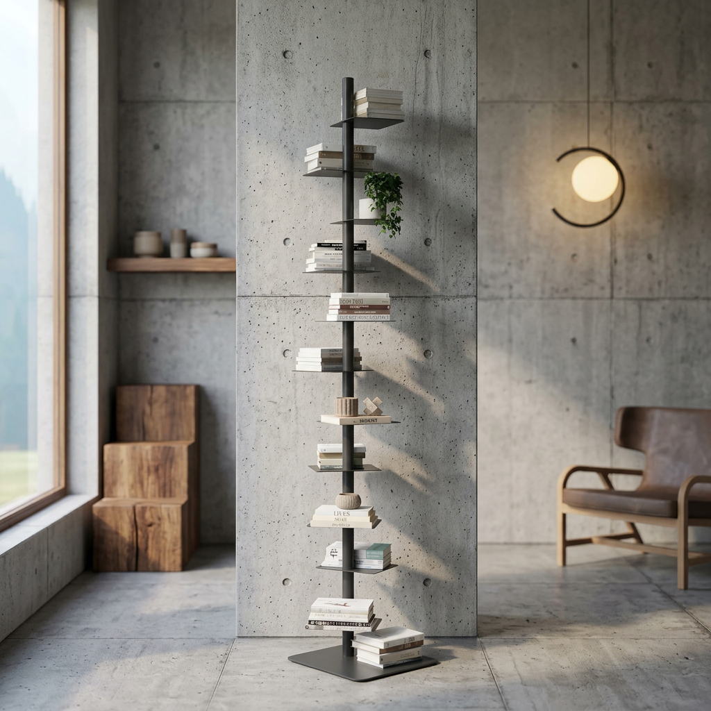 Vertical steel floating ledge stand with staggered shelves for books and plants