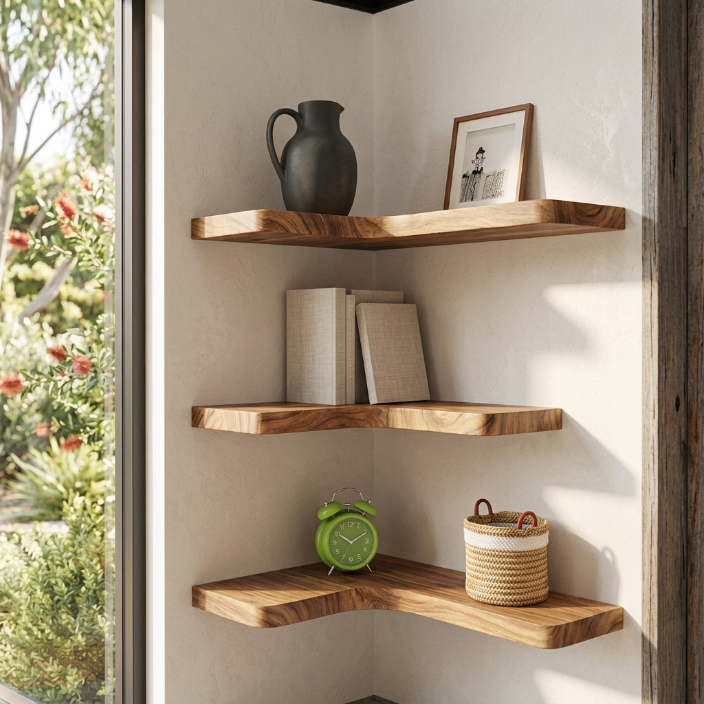 L-shaped floating corner wall shelves with wood grain finish