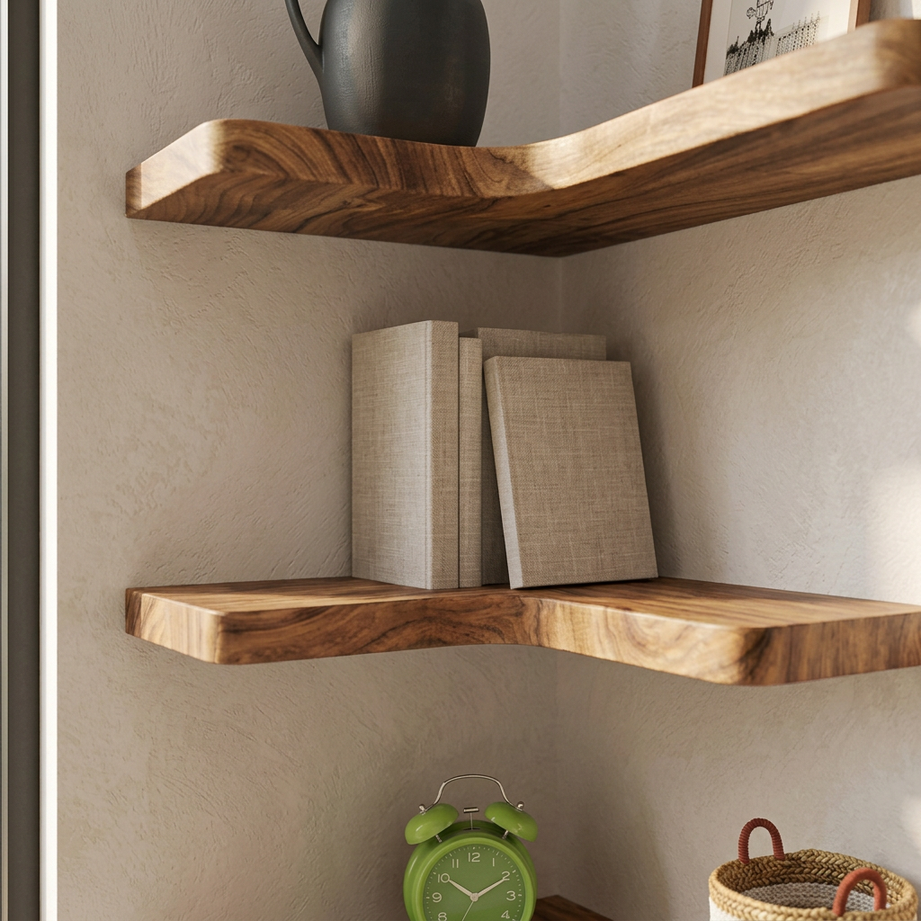 L-shaped floating corner wall shelves with wood grain finish