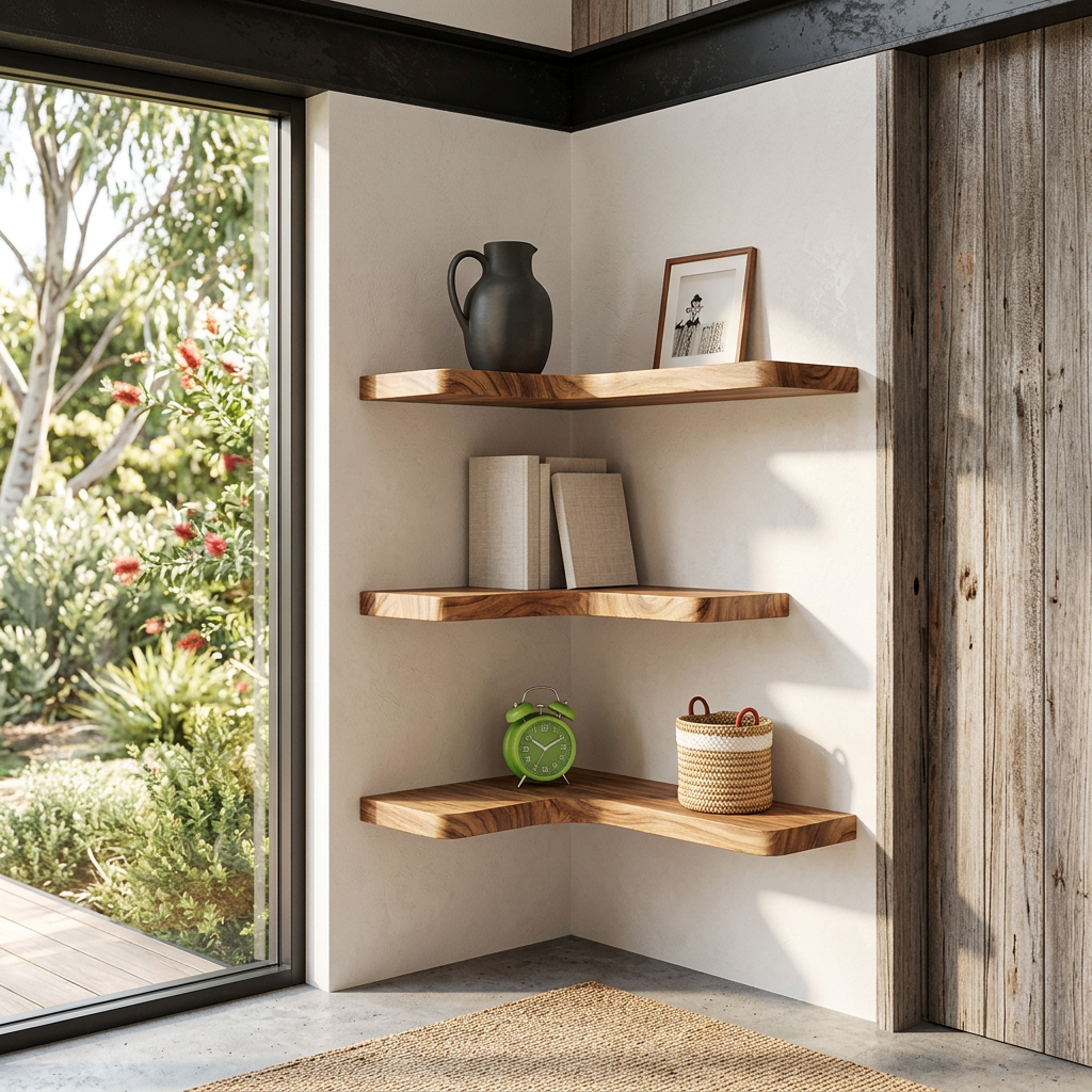 L-shaped floating corner wall shelves with wood grain finish