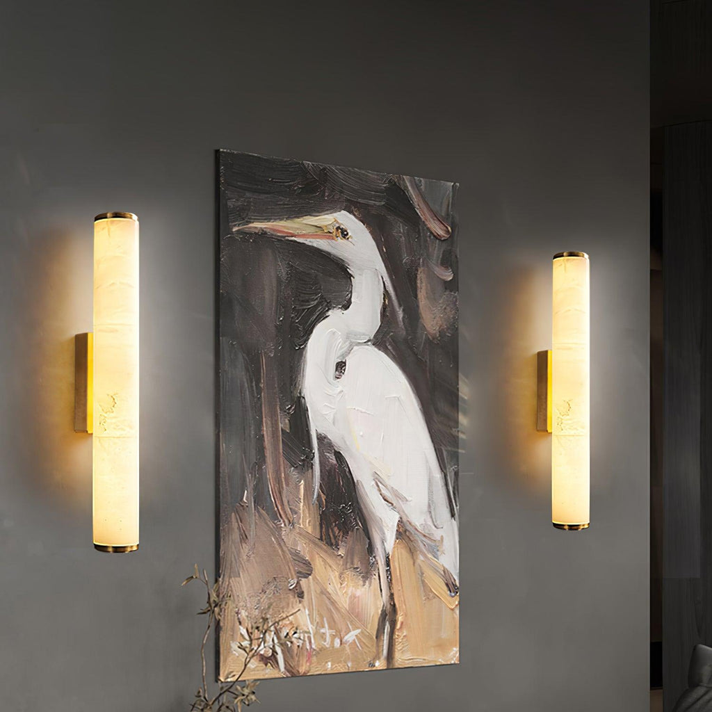 Vertical alabaster column wall sconce with translucent shade and metal trim