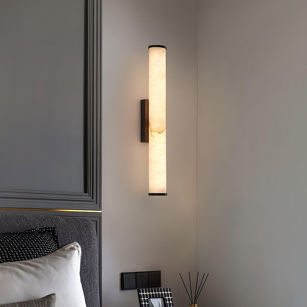 Vertical alabaster column wall sconce with translucent shade and metal trim