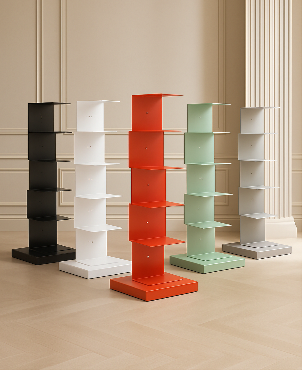 Vertical metal bookshelf with open shelves and a rectangular base