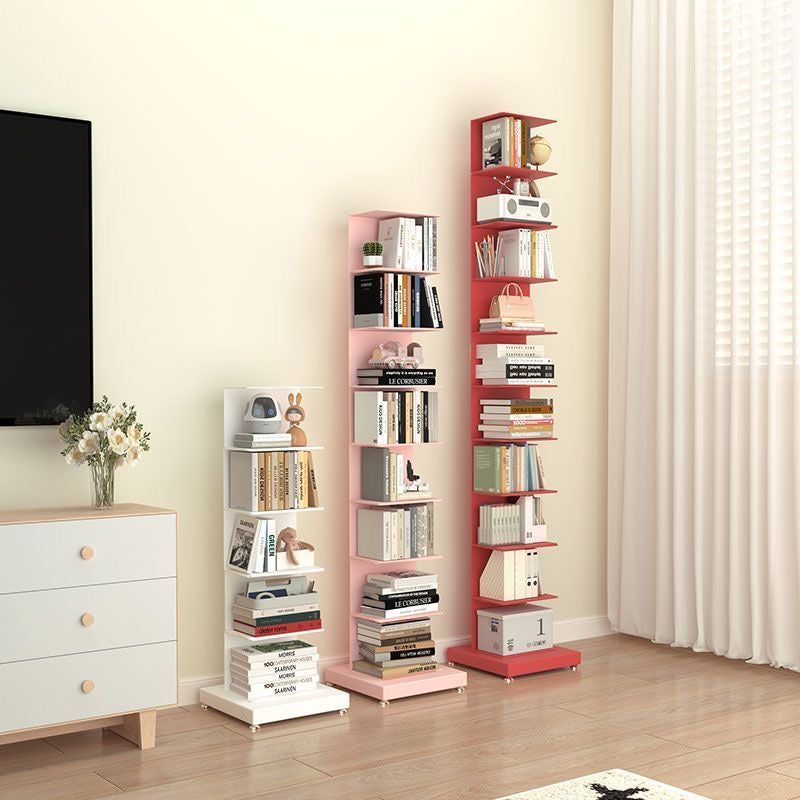 Vertical metal bookshelf with open shelves and a rectangular base