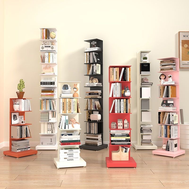 Vertical metal bookshelf with open shelves and a rectangular base