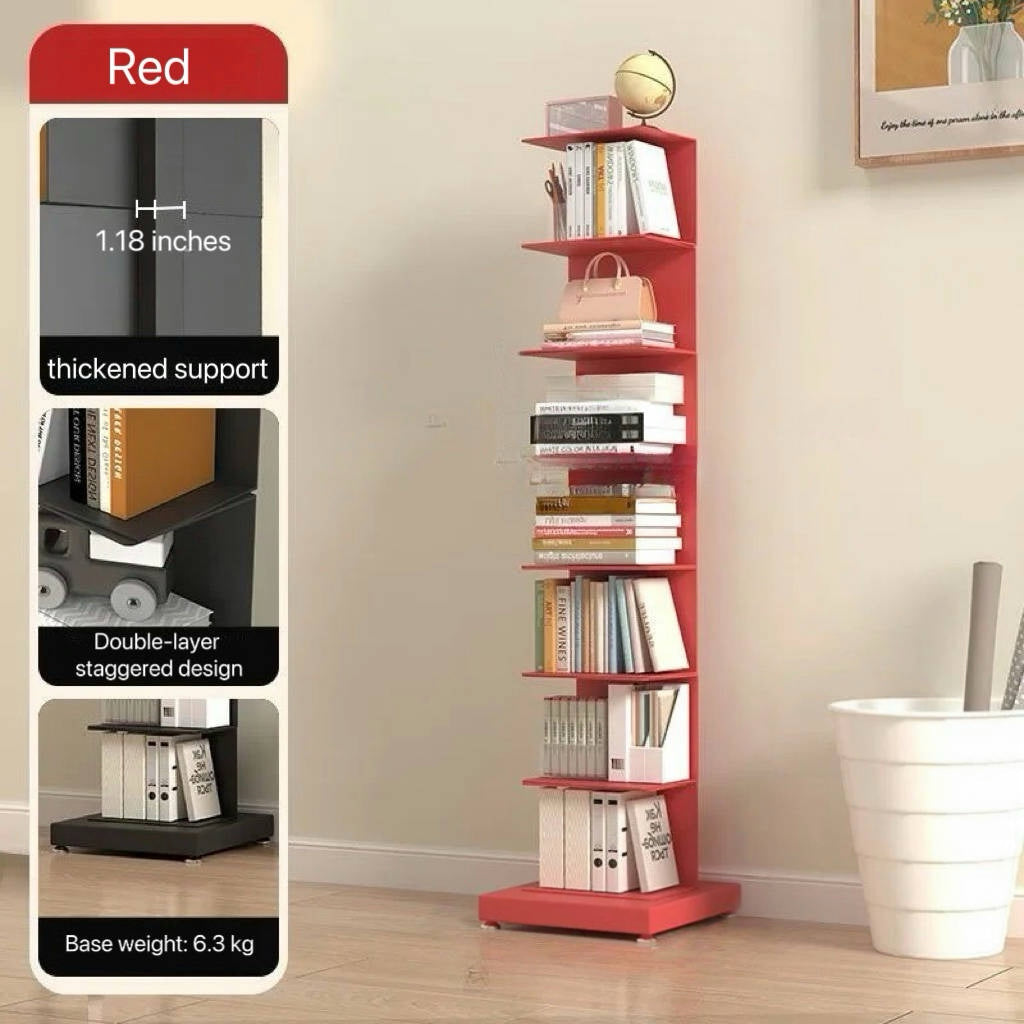Vertical metal bookshelf with open shelves and a rectangular base