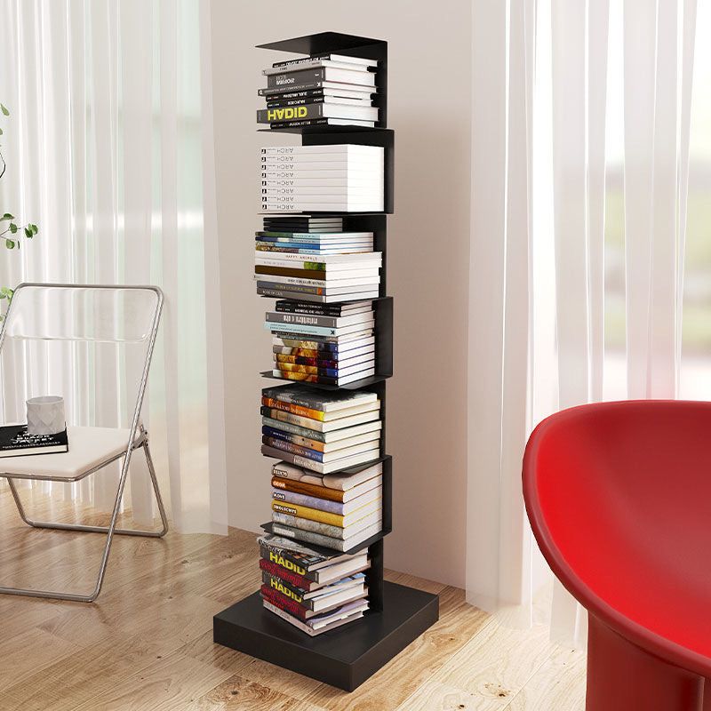 Vertical metal bookshelf with open shelves and a rectangular base