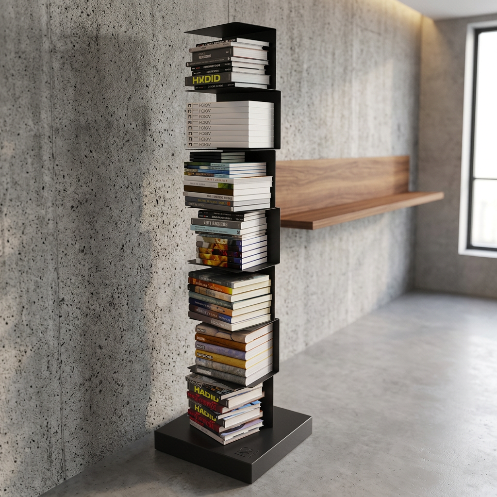 Vertical metal bookshelf with open shelves and a rectangular base