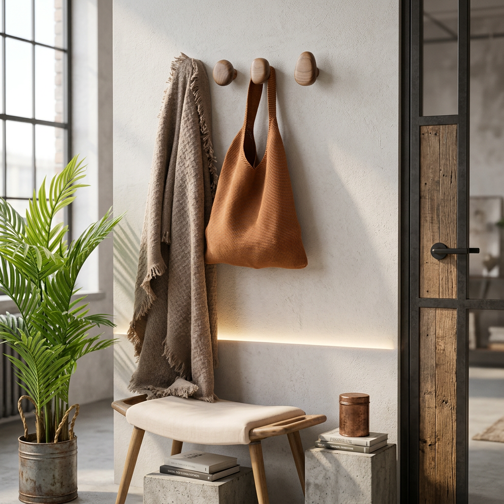 Pebble-shaped wooden decorative wall hooks mounted on a white wall
