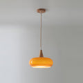 Rounded glass pendant ceiling light with wood-effect details and hanging cable