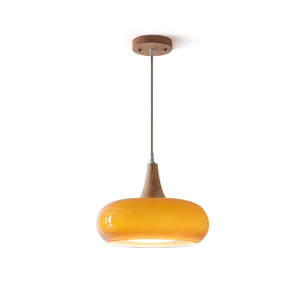 Rounded glass pendant ceiling light with wood-effect details and hanging cable