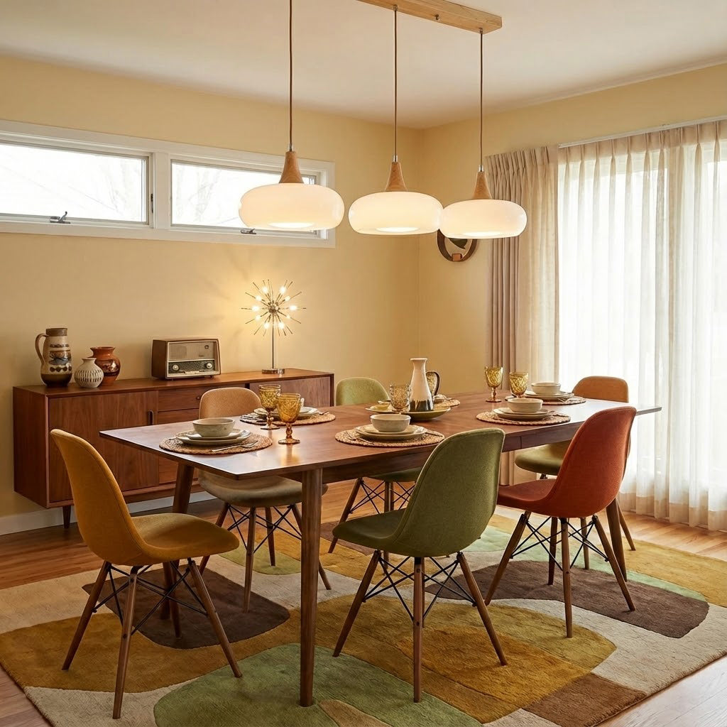 Rounded glass pendant ceiling light with wood-effect details and hanging cable