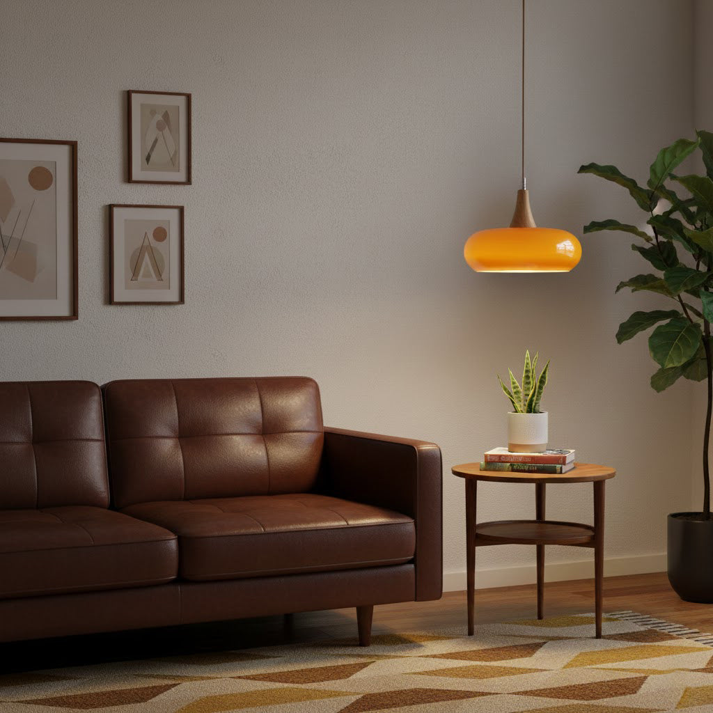 Rounded glass pendant ceiling light with wood-effect details and hanging cable