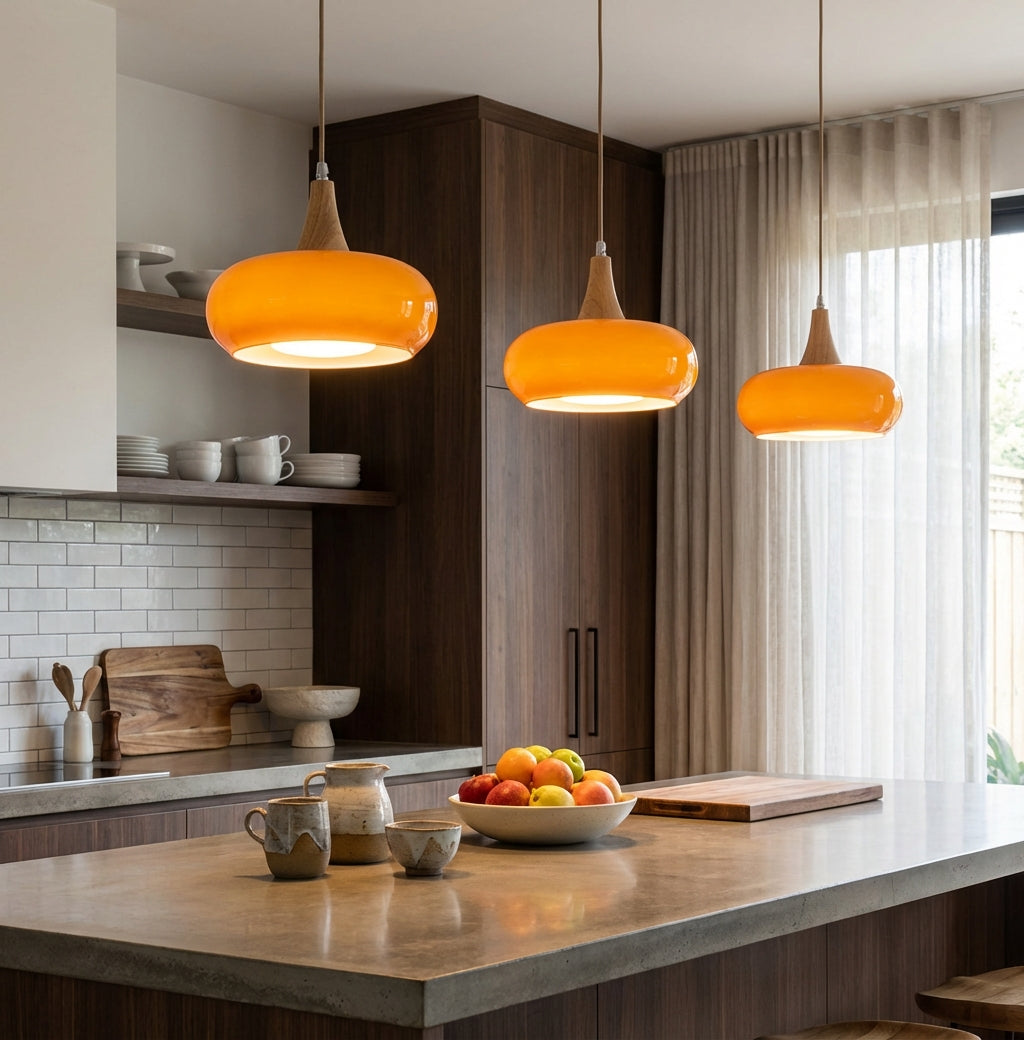 Rounded glass pendant ceiling light with wood-effect details and hanging cable